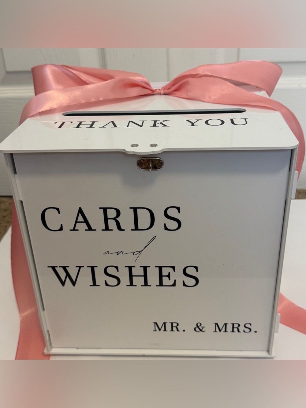 Wedding Card Box Cards & Wishes Mr. & Mrs. White 10” Locking w/ Pink Bow